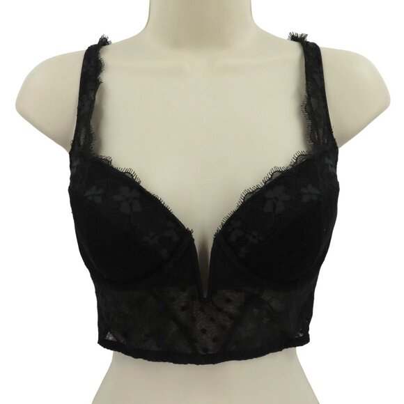 Victorias Secret 34C Bra Dream Angels Black Polka Dot Mesh Flower Lace Underwire - Picture 1 of 16